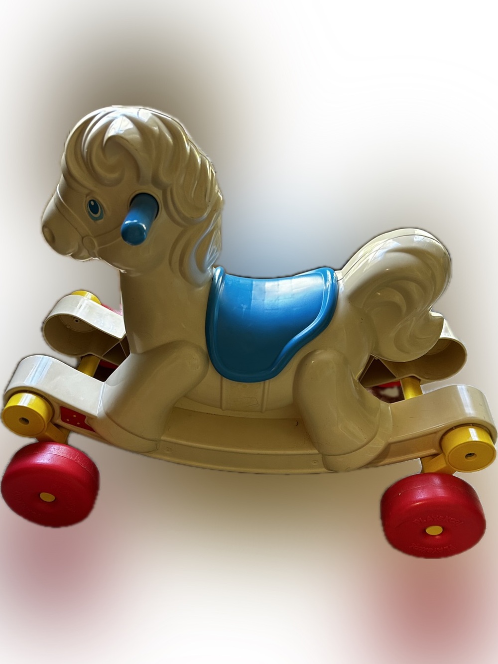 1985 PlaySkool Kids Rocking Horse Ride-On Toy - Blue Seat, Red Wheels